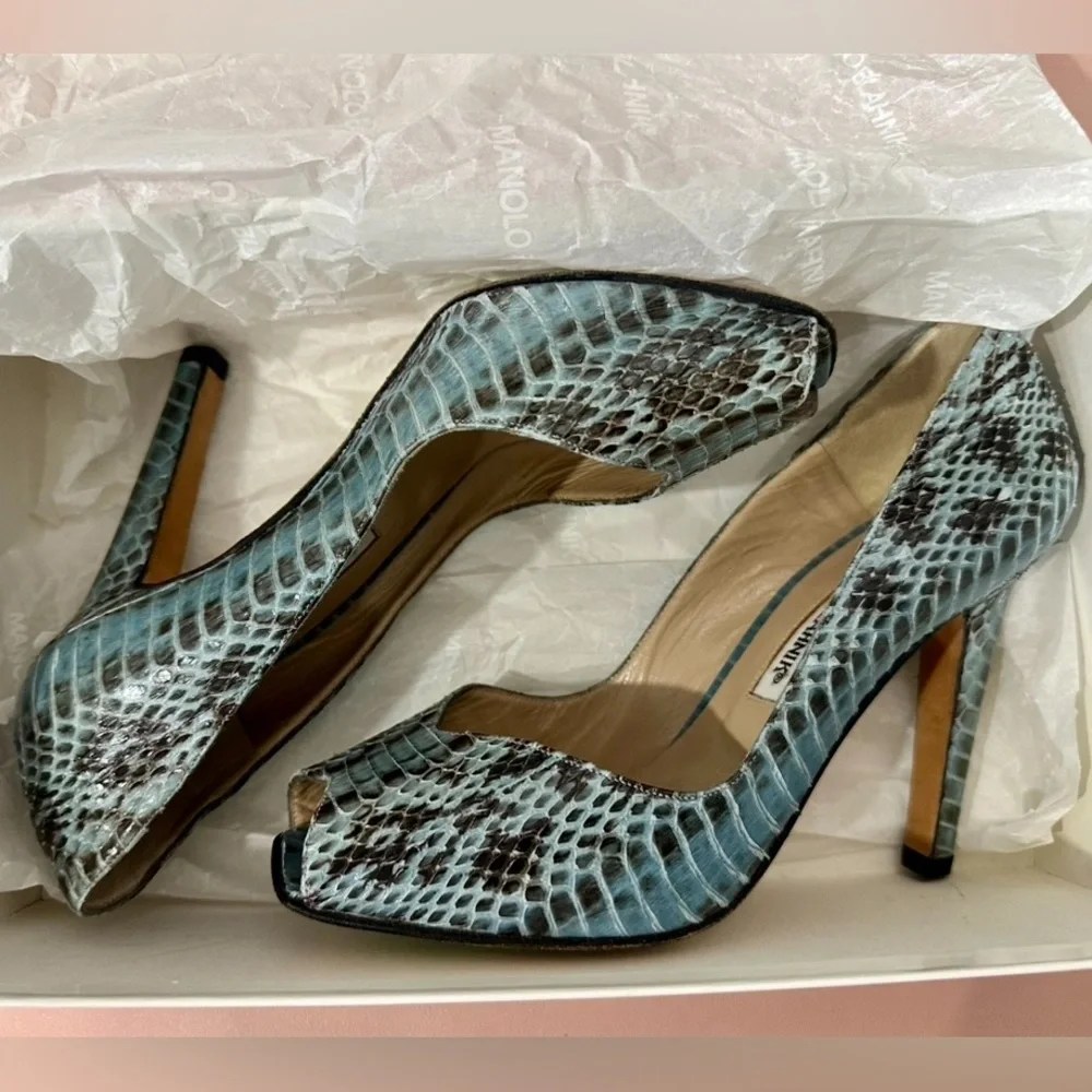 Manolo Blahnik Teal Snake-Print Open-Toe Stiletto Heels - Picture 8 of 10